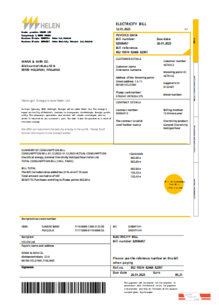 Helen Proof of address utility business bill,  SCR PSD template